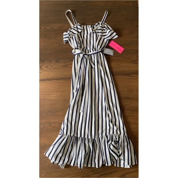 Betsey Johnson Navy Striped Ruffle Maxi Dress - Picture 1 of 4